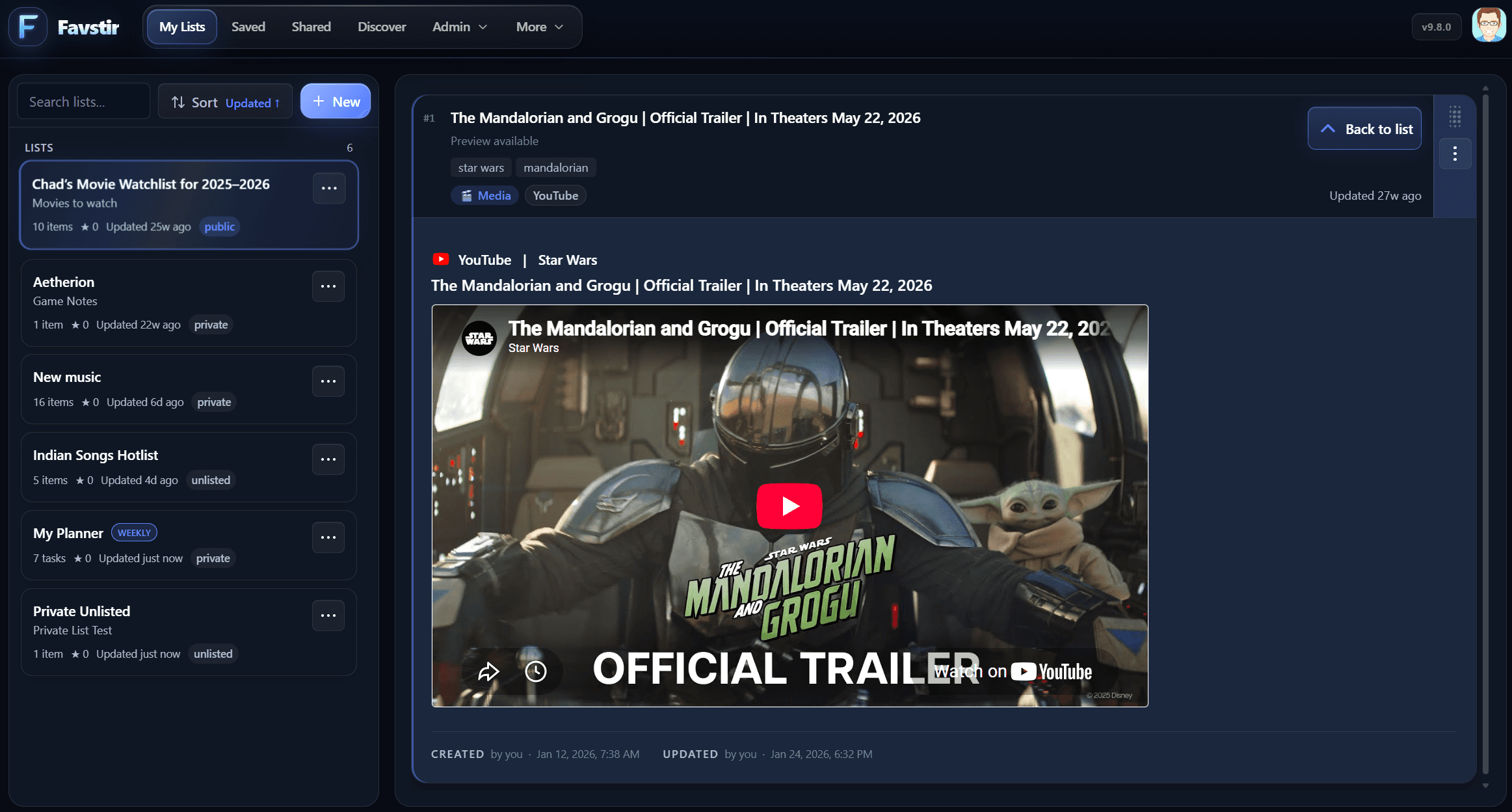 Favstir application interface